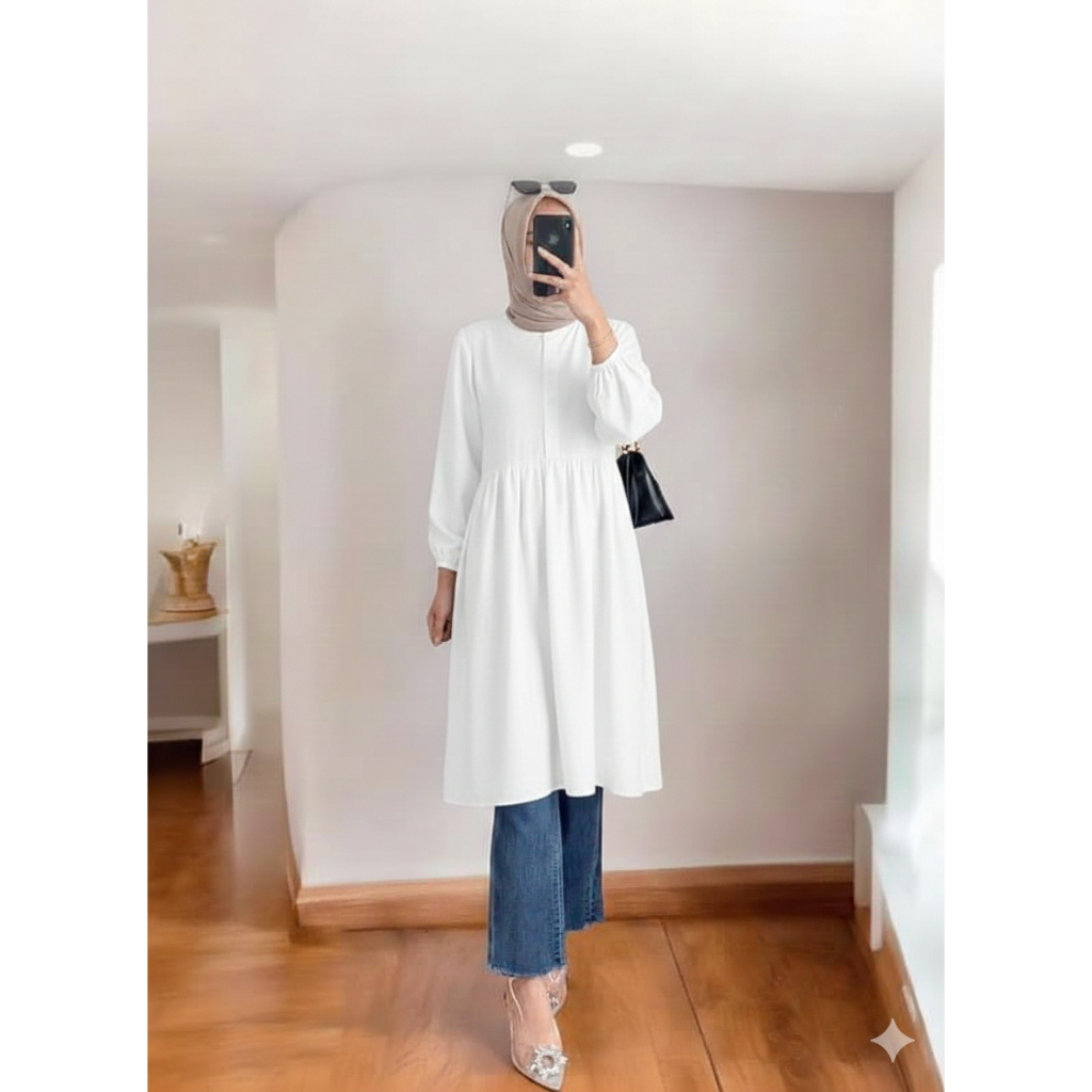 Baju Atasan Wanita Crinkle Terbaru Tunik Putih Wanita Muslimah Simple Elegan
