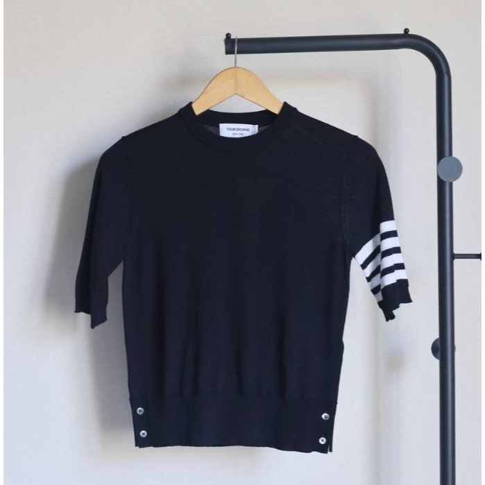 Thom browne 4 bar wool tshirt in navy blue