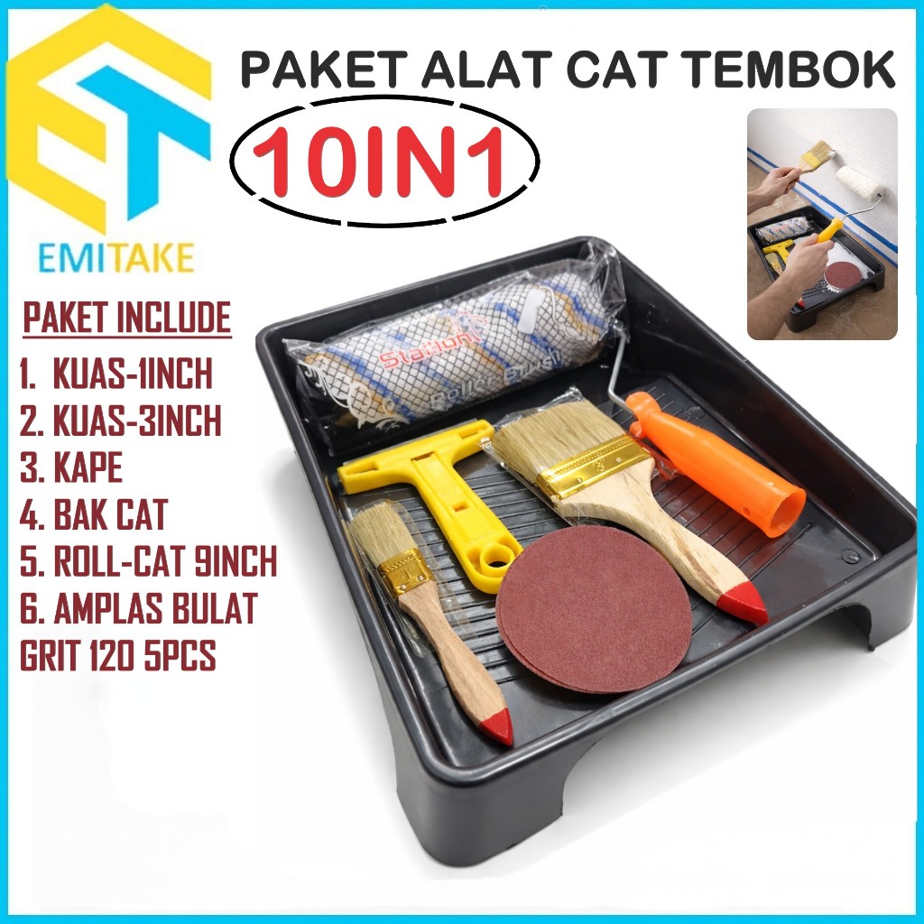 Paket Alat Cat Tembok 10 in 1 Set Renovasi Rumah Bak Cat Kuas Roll Sarung Tangan Kape Amplas Tembok