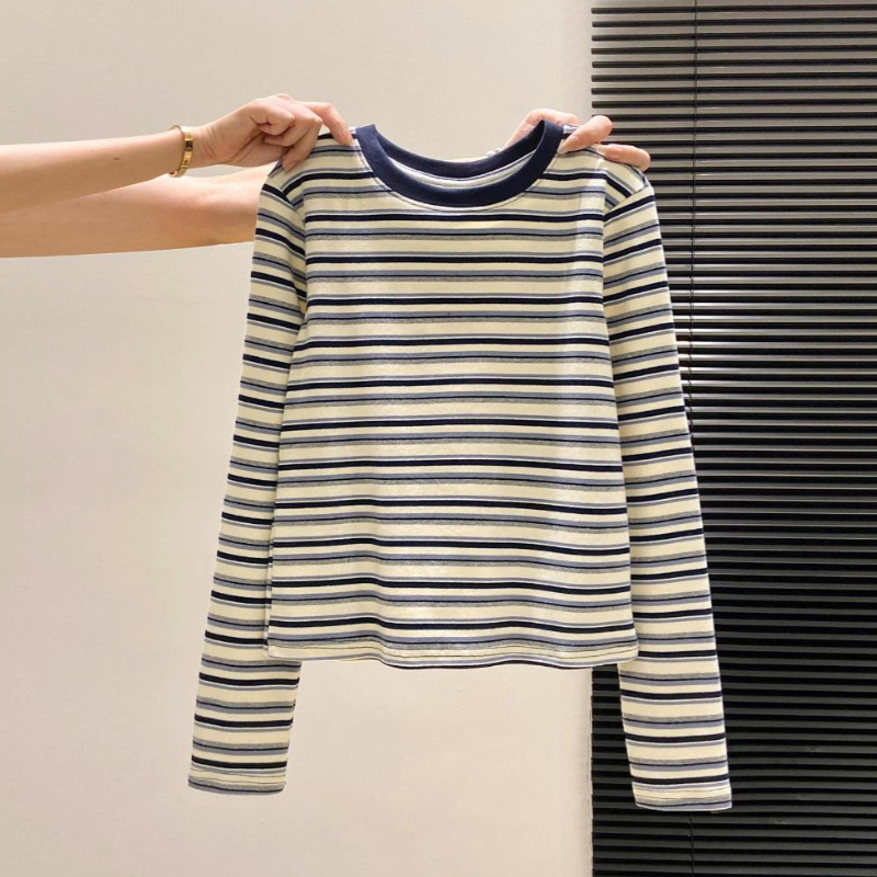 Atasan bergaris dengan blok warna biru/kaos crew neck lengan panjang premium wanita