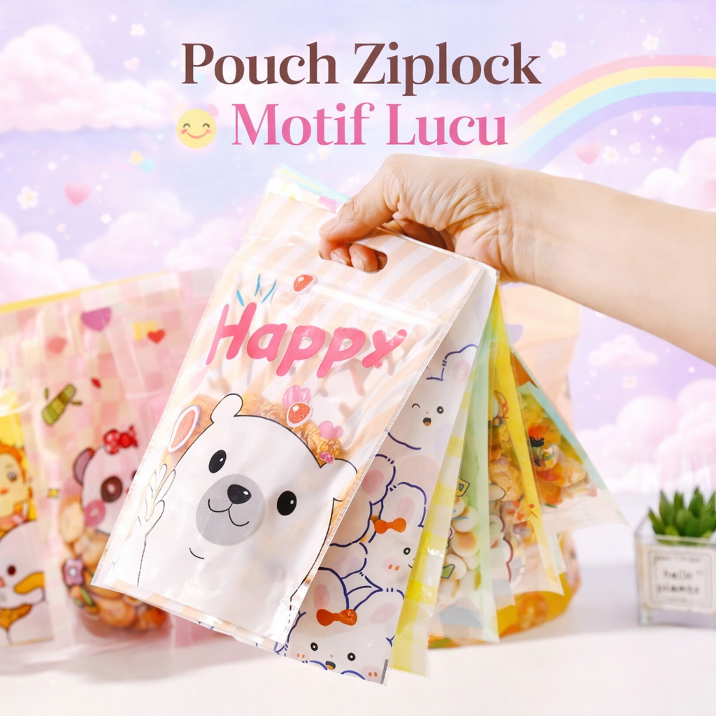 50pcs Plastik Ziplock Motif Lucu Standing Pouch Kemasan Snack Cookies Food Grade