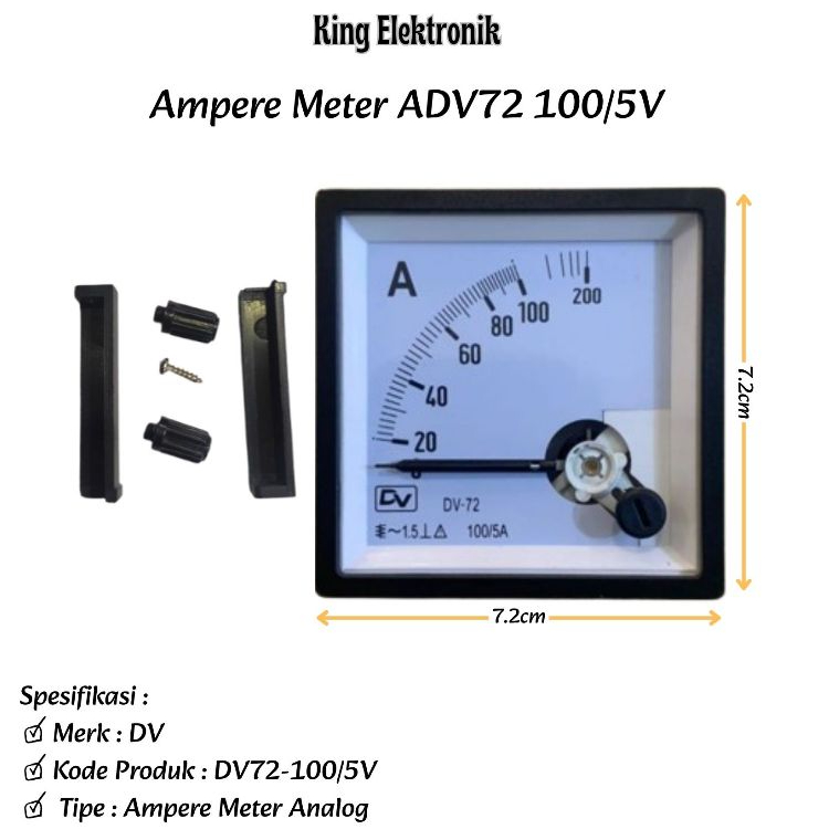 DV Ampere Meter Analog 100/5A 7.2x7.2cm / Panel Meter DV72 100A Tipe CT