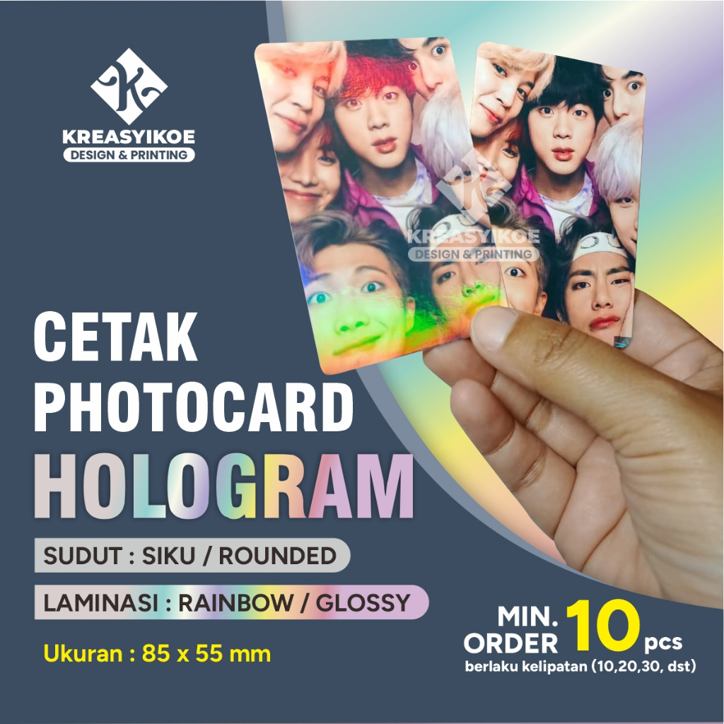 Cetak Foto Photocard Custom Laminasi Hologram Rainbow Glossy