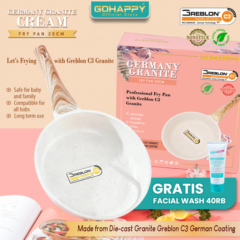 (GRATIS FW40RB) GOHAPPY Fry Pan 20cm Granite Greblon C3 Anti Lengket Tebal Awet Germany Food grade