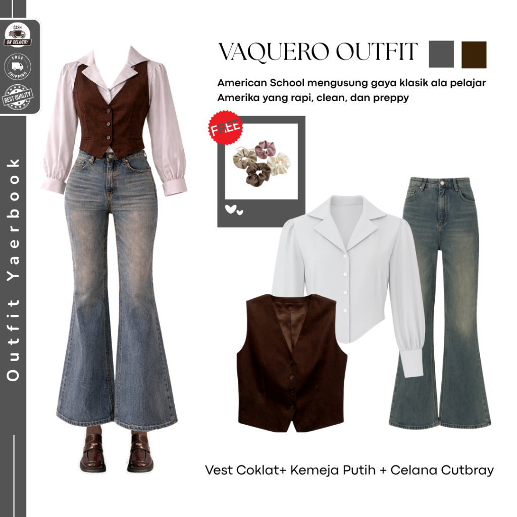 VIRAL One Set Yearbook Vaquero Outfit/Cowboy  | Kemeja Crop + Vest Coklat + Celana Cutbray | Oneset 