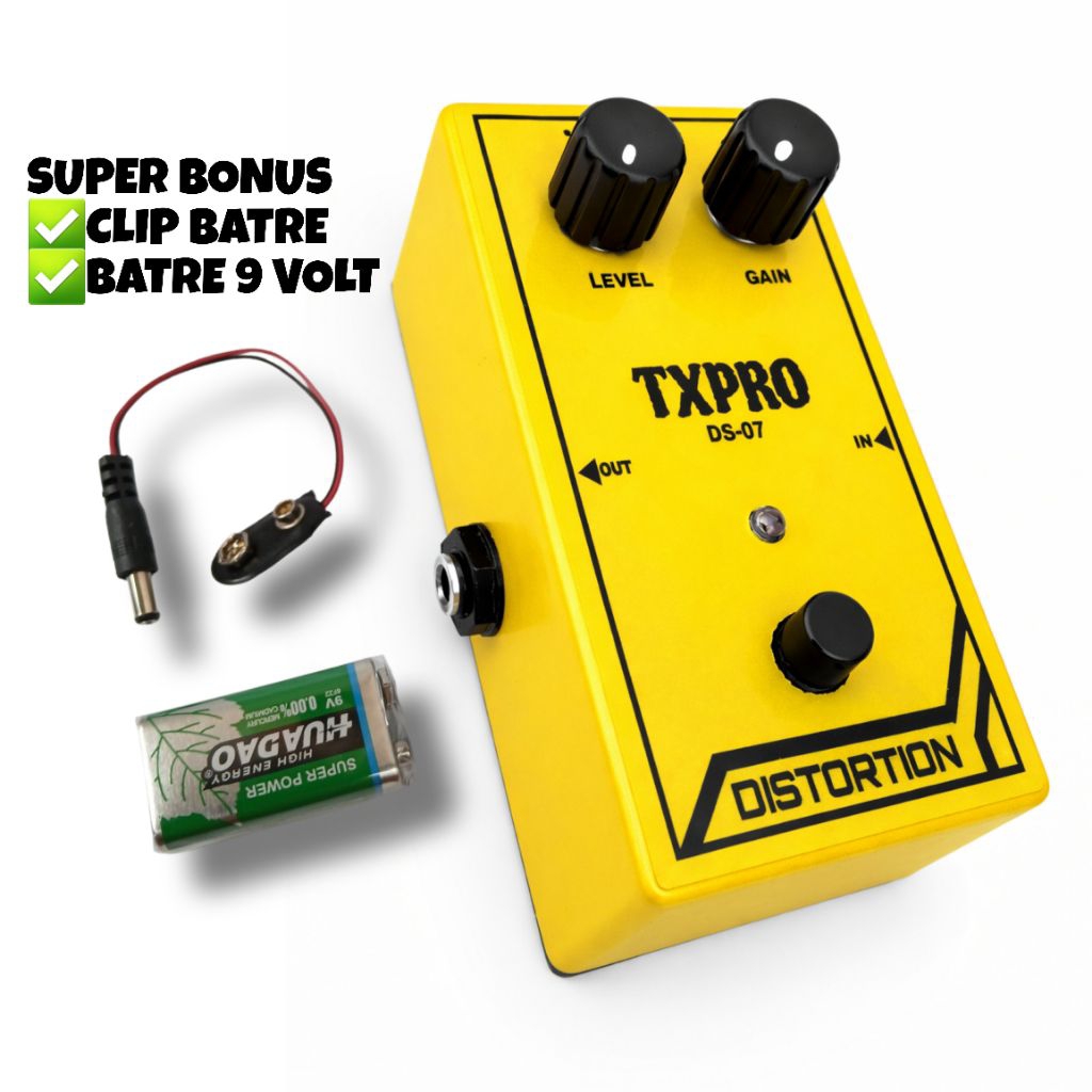 PROMO EFEK GITAR TXPRO DISTORSI kuning suara super gahar metal bonus clip batre dan batre 9volt