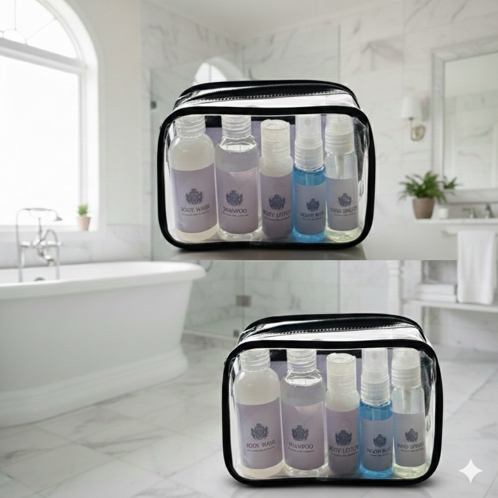 POUCH BOTOL TRAVEL MINI KIT 1 SET ALL IN 1, FREE ISI 6 IN 1 (POUCH, HANDUK, SABUN, SHAMPO, BODY LOTI
