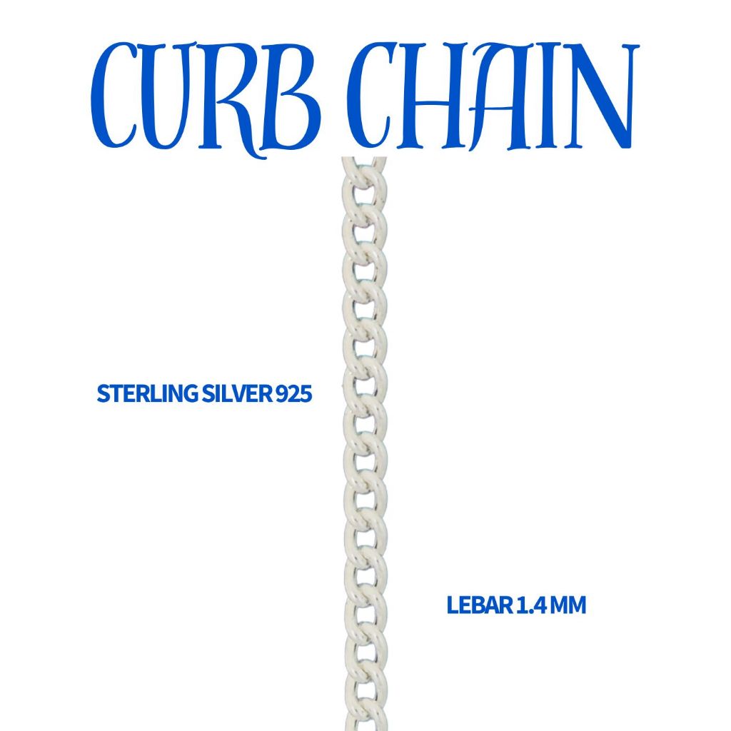 1Meter- Rantai Curb 1.4MM -Curb Chain-Sterling Silver925- Rantai Perak- International Grade