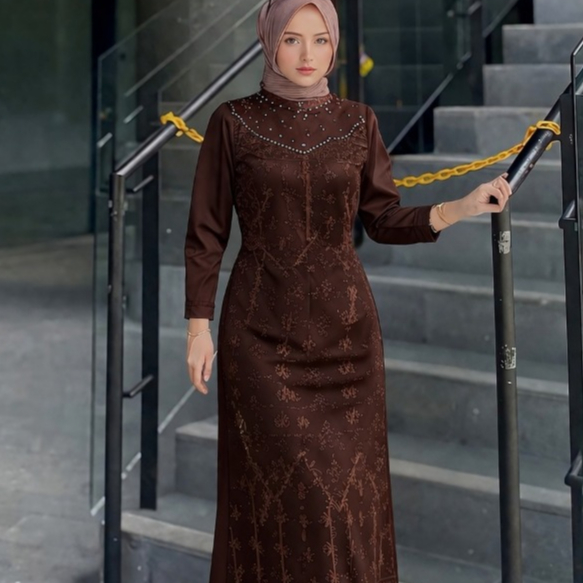 Special Luvita Dress Gamis Mahogany Burgundy Luxury Payet Satin Brokat Kondangan