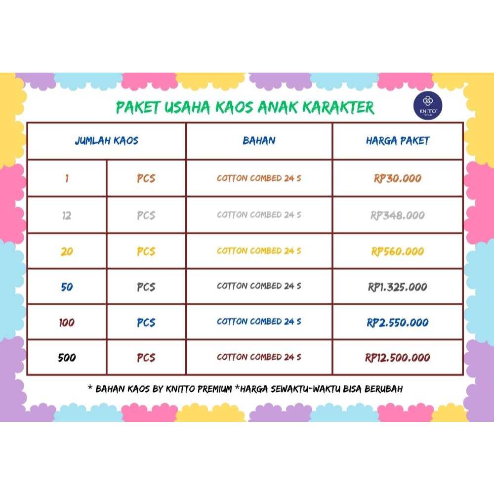 Paket Usaha Kaos Anak Karakter | Grosir Kaos Anak Cotton Combed 24s | Reseller & Dropship