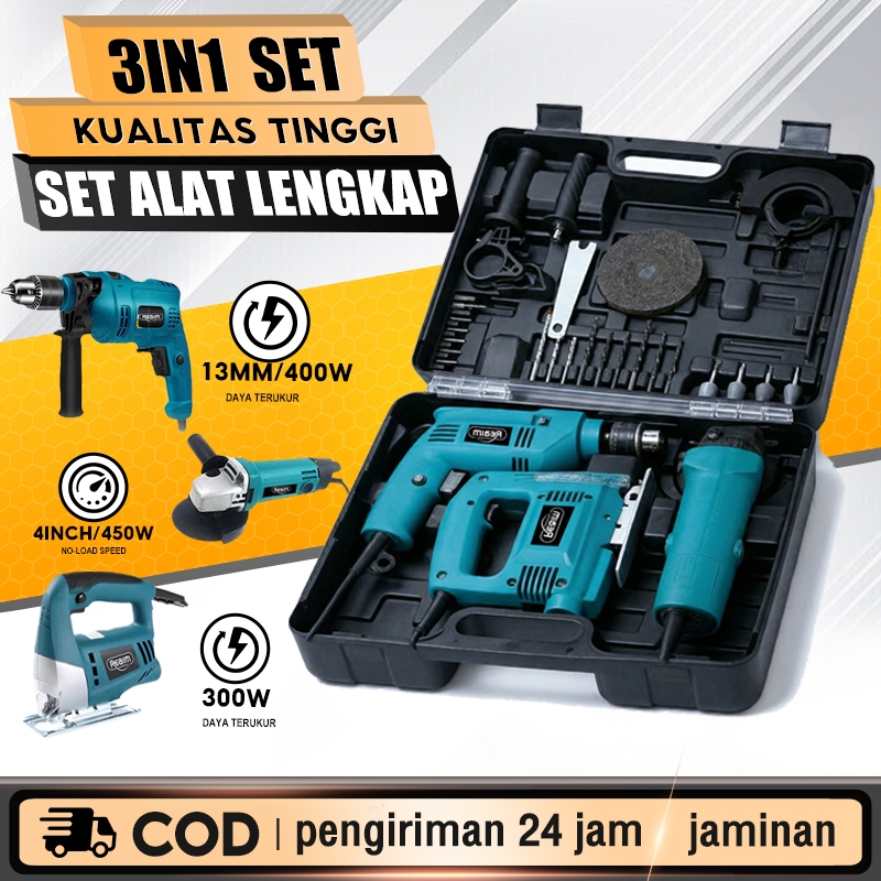 REAIM Paket Power Tools 3 in 1 Bor Listrik Set Lengkap dan Gerinda Mesin Bor  Gerinda Listrik dan Me