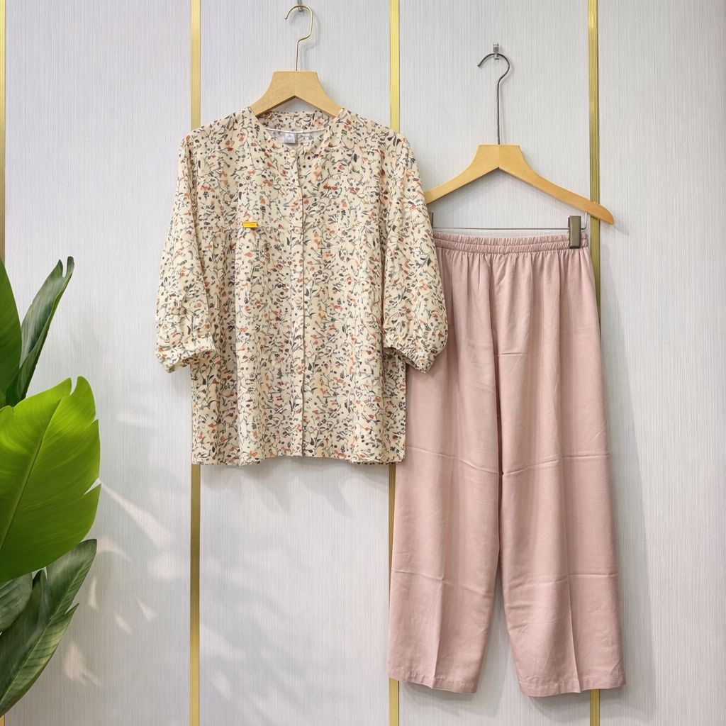 Setelan babydoll one set motif bunga bahan rayon premium