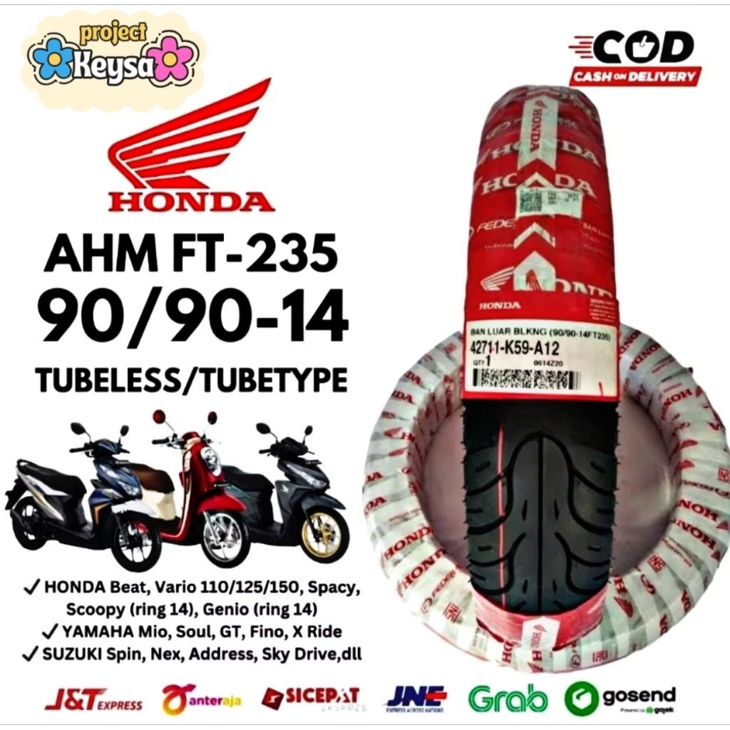 Ban Tubeless Motor Matic Honda Federal 80/90-14 - Ban Depan Ori, Tubeless, Cocok untuk Beat, Vario