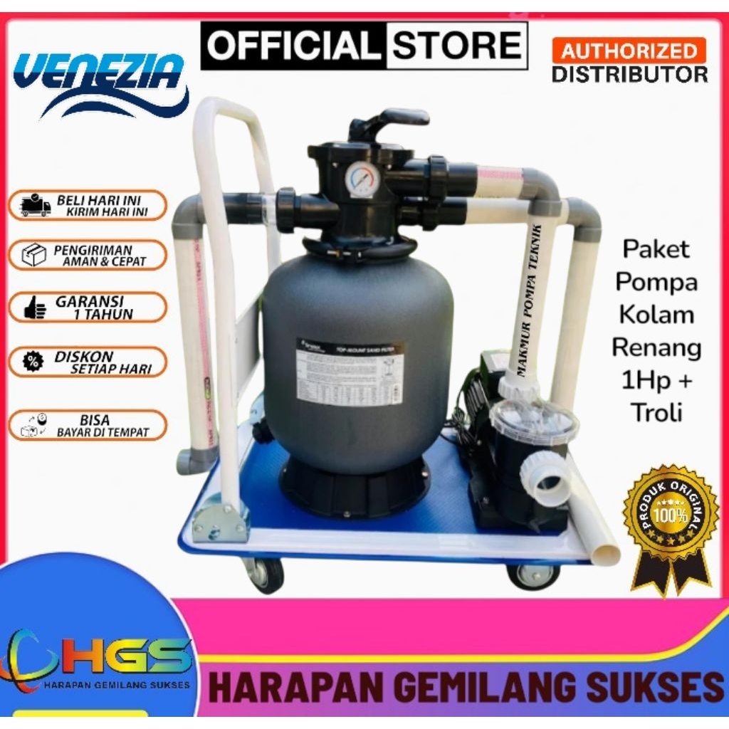 Paket Pompa Kolam Renang 1Hp Set Troli Mesin Vacuum Kolam Renang satu set
