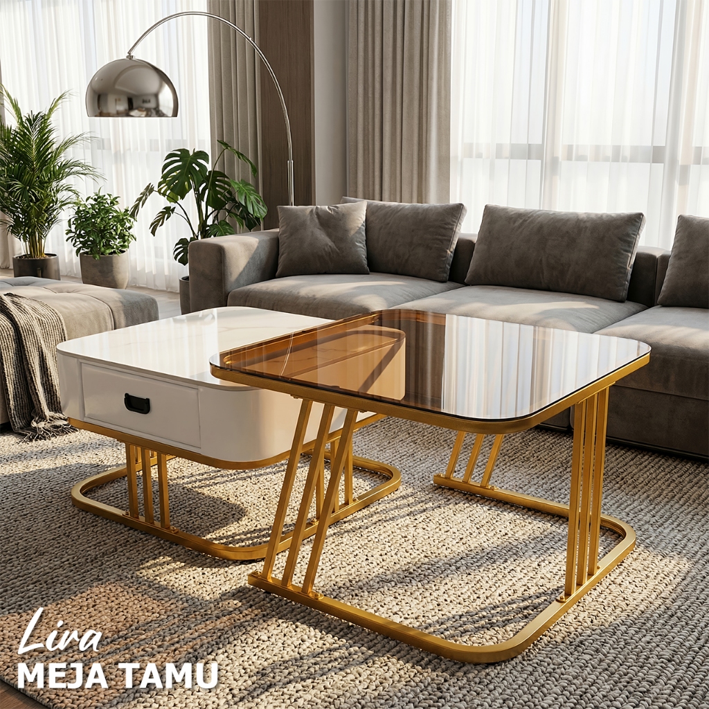 Meja Tamu LIRA / Meja Tamu Minimalis 2in1 Kaca Tempered + Laci Penyimpanan Rangka Besi Gold