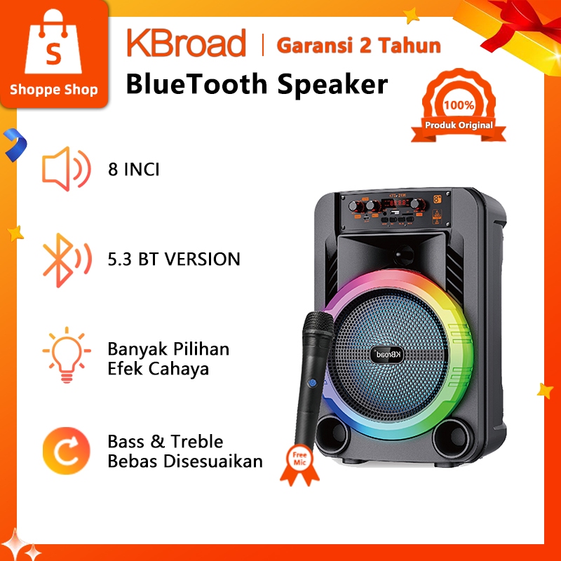 Speaker Bluetooth Karaoke 8 Inch Free Mic Lampu RGB Portable Bluetoothspeaker Garansi 2 Tahun KBroad