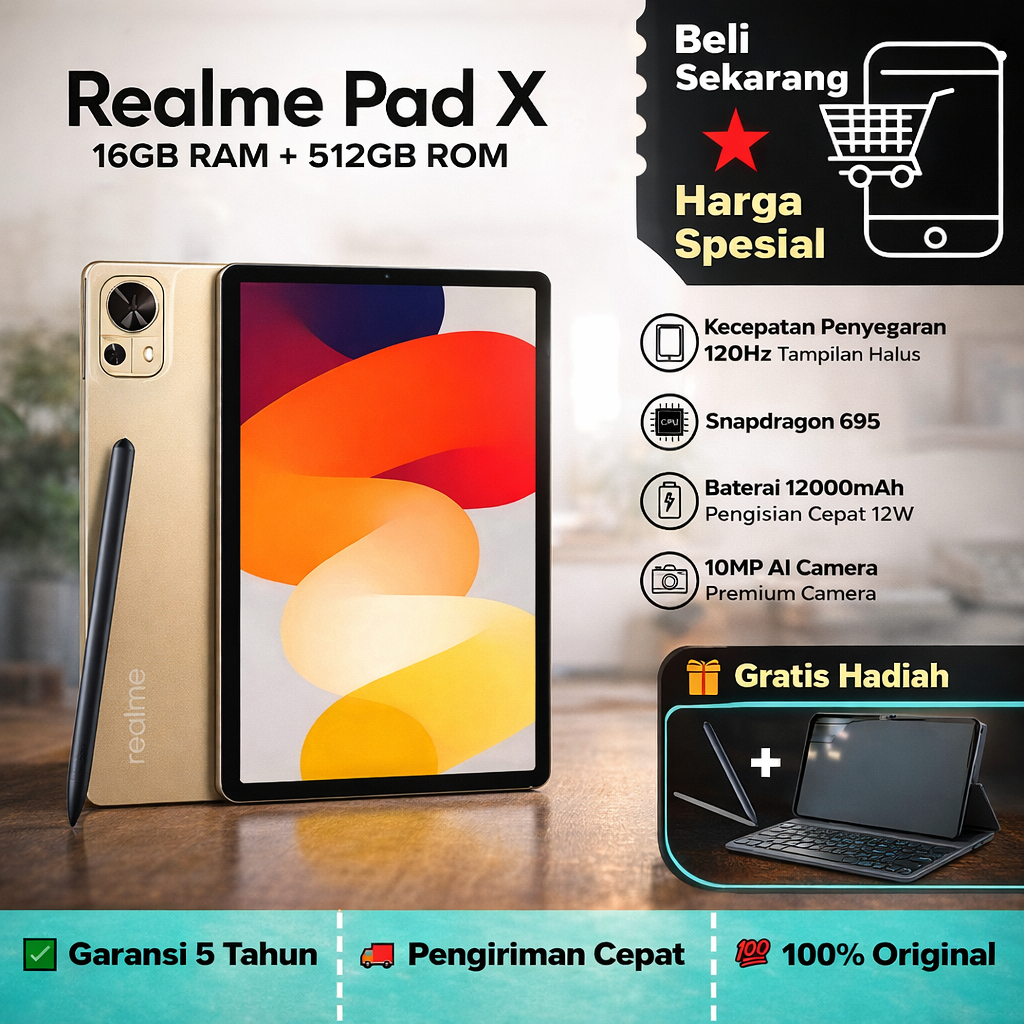 - Garansi Resmi - | Realme Pad | 120Hz Layar, Snapdragon 695 5G | Gratis Stylus |Baterai 12200mAh
