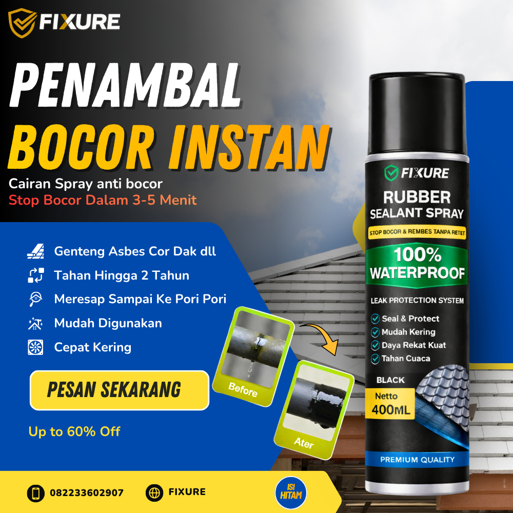 FIXURE Aqua Spray Anti Bocor Waterproof 400ML – Ampuh Atasi  Bocor & Rembes Sekali Semprot Tahan Cua