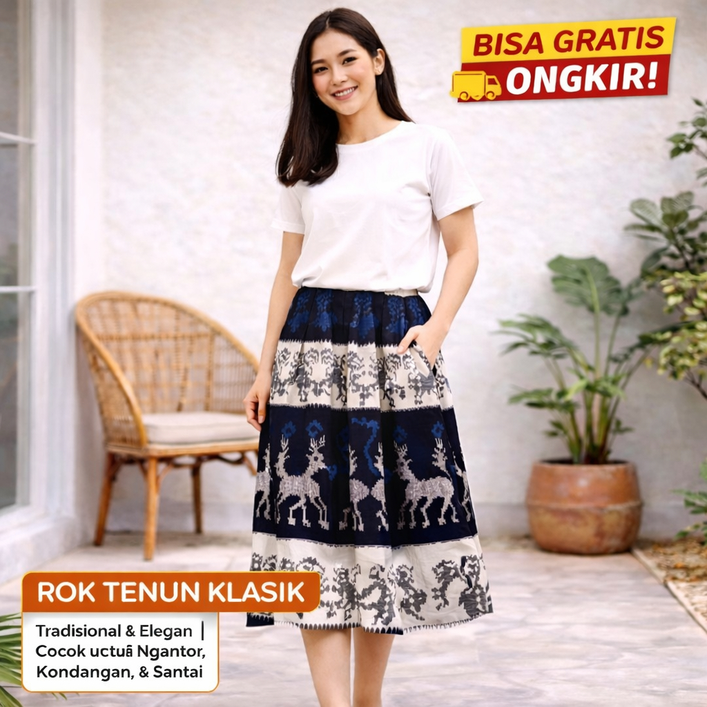Zahira Etnik Rok Tenun Jepara Wanita Premium Motif NTT Sumba Troso 3/4 Midi Span Korean Style Kekini