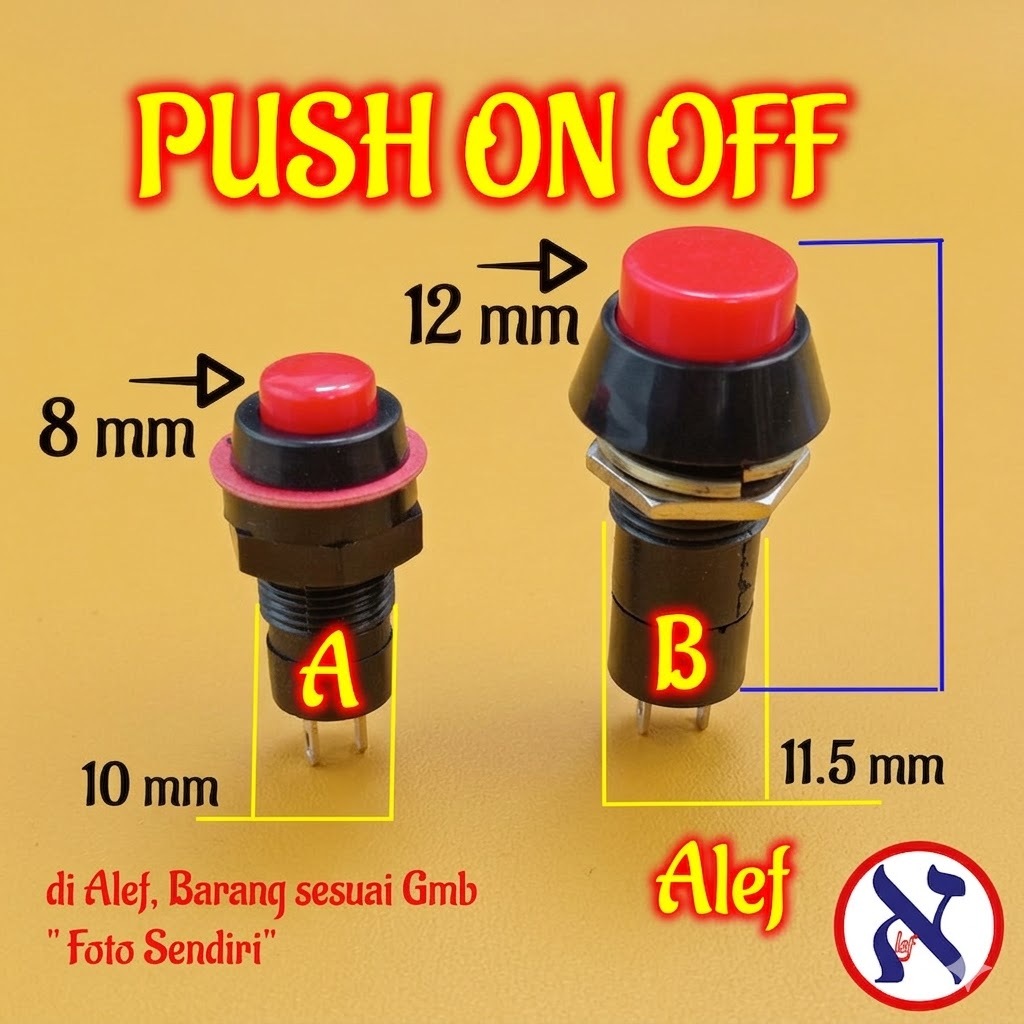 Tombol Push on off button merah A 8 mm B 12 mm saklar push buton