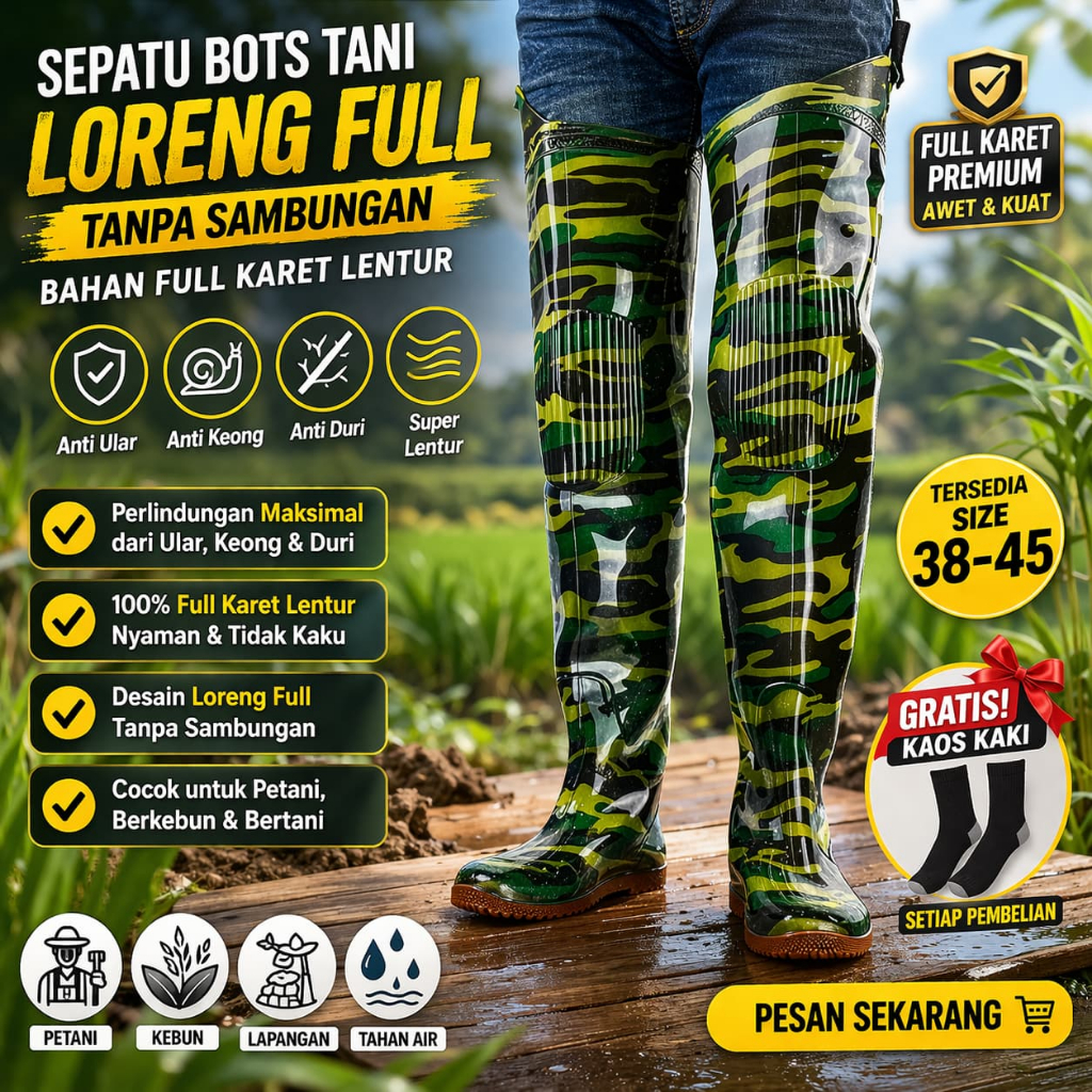 SEPATU BOOT BOTH LORENG FULL 80 CM SEPATU TANI KERJA BOTS SAWAH LADANG KEBUN KOLAM ANTI KEONG SAFETY