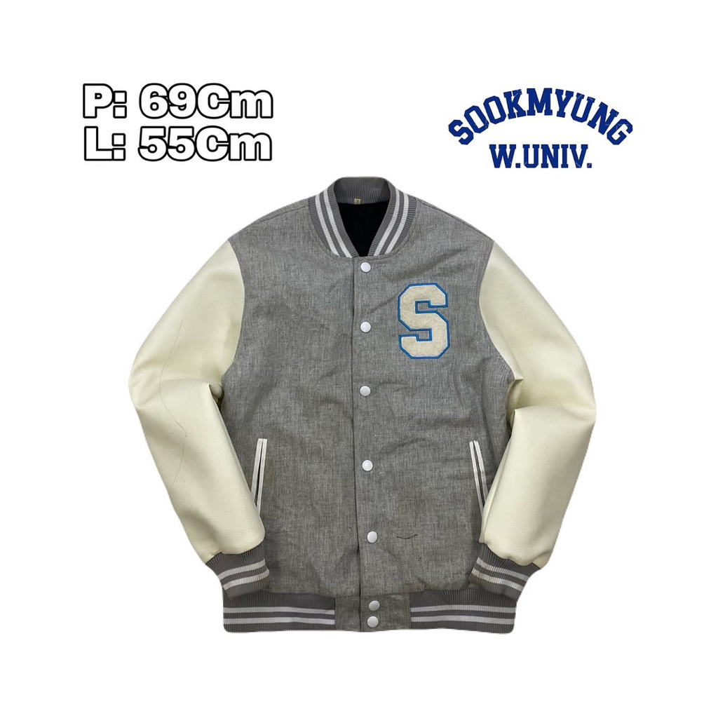 J189 Jaket Varsity University Leather Sookmyung Inisial S  Kulit Casual Kampus Bordir Towel W Univ K
