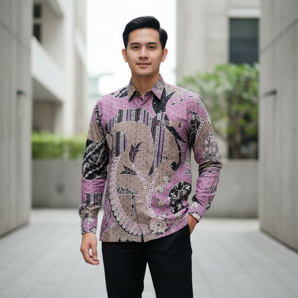 Batik Pria Lengan Panjang Modern Pink Doger Bahan Katun Prima Reguler - Seragam Batik Pria Kantor Da