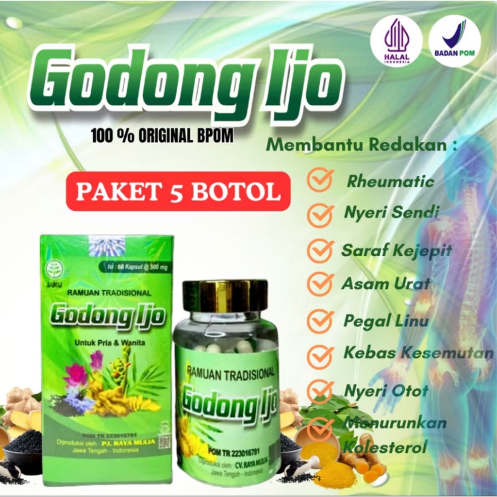 PAKET 5 BOTOL Obat Saraf Kejepit Herbal Jamu Asam Urat Pegal Linu Kapsul Godong Ijo Original BPOM