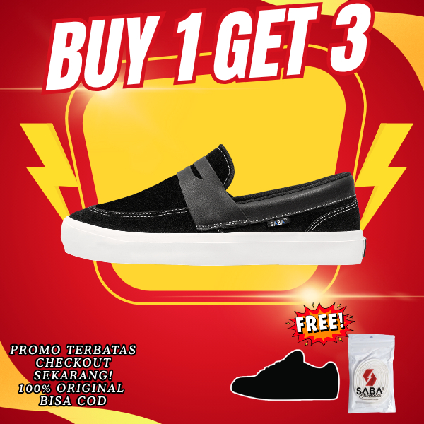 BUY 1 GET 3 SABA Slip On Tuxedo Suede Leather Black White - Sepatu Loafer Sneakers Pria Wanita Origi