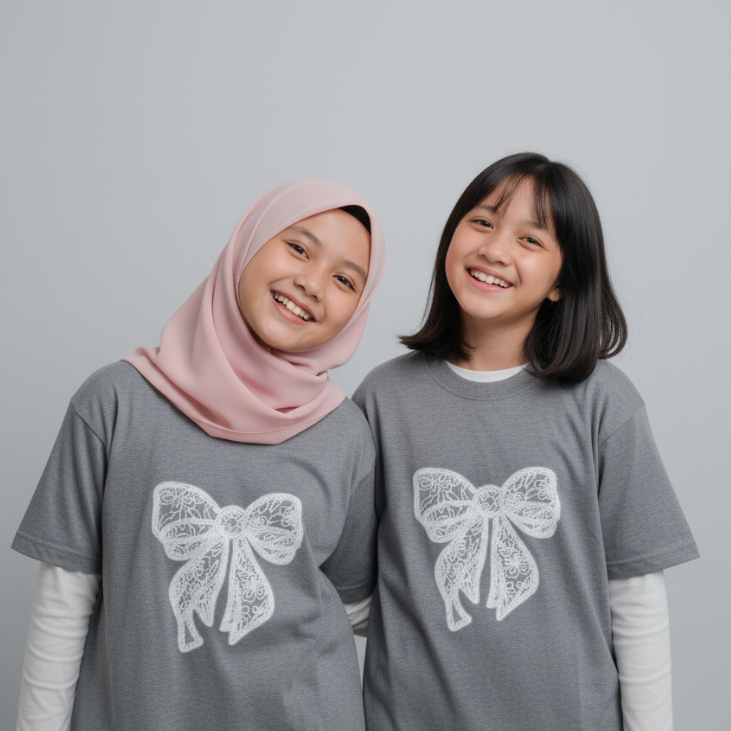 Kaos Anak Perempuan Alesha Bow T-Shirt | Kaos Anak Pita Putih Manik-Manik | T-Shirt Anak Lucu Fashio