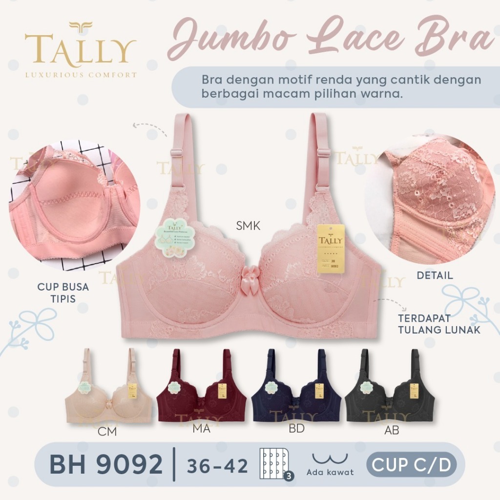 Bra Brokat Kawat Busa Tipis TALLY 9092 Cup Besar Ukuran 36-42 C/D / BH Brokat Busa Tipis TALLY