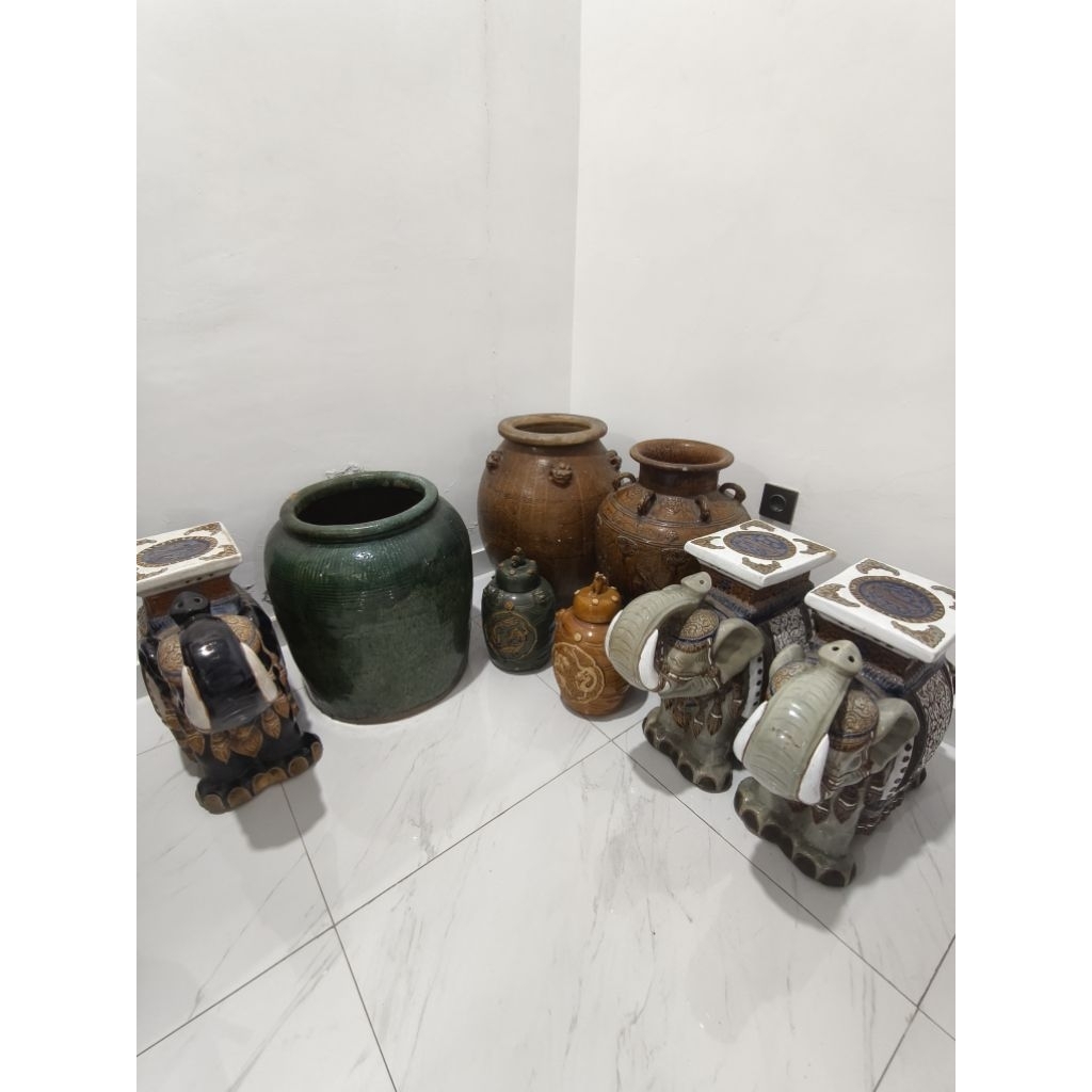 GUCI POT BESAR INDOOR JUMBO HIASAN RUMAH DEKORASI JADUL NAGA GAJAH CINA KERAMIK SECOND PRELOVED BEKA