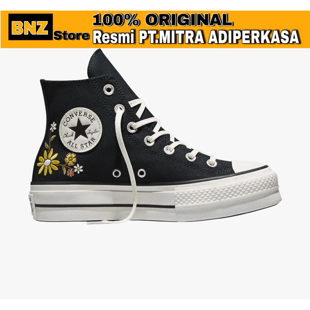 Sepatu Sneakers Wanita Converse CTAS Lift Platform Hi Embroidered Flowes/Black/Egret/Bright Outlook