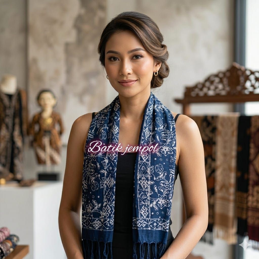 Syal batik halus warna biru donker - scarf batik
