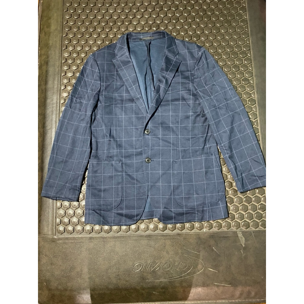 BLAZER JAS UNIQLO TARTAN CASUAL NAVY BAHAN SEMI KAOS MEWAH BRANDED