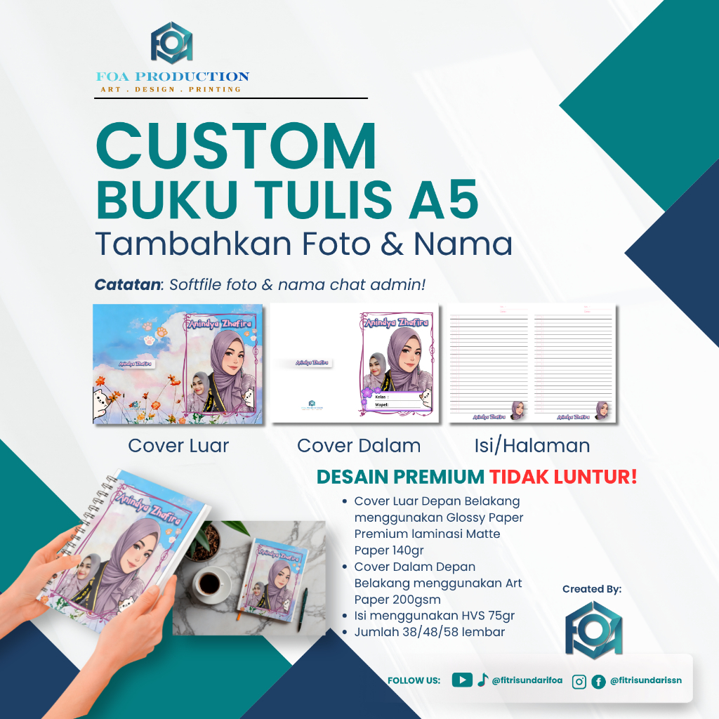 [SWEETY CATS] Buku Tulis Custom A5 Premium Foto & Nama - Notebook A5  Glossy Matte Art Paper 200gsm 