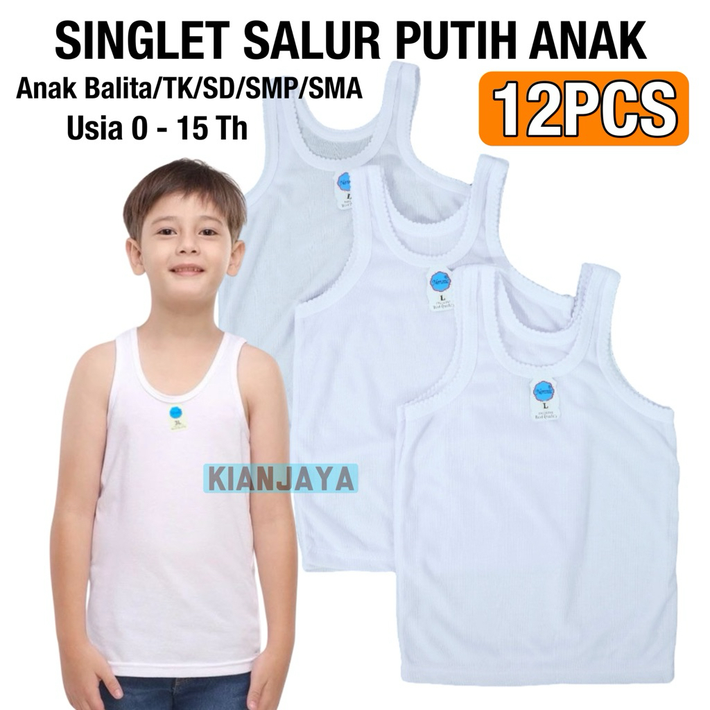 12pcs singlet salur putih anak cewek cowok polos katun TK SD SMP SMA