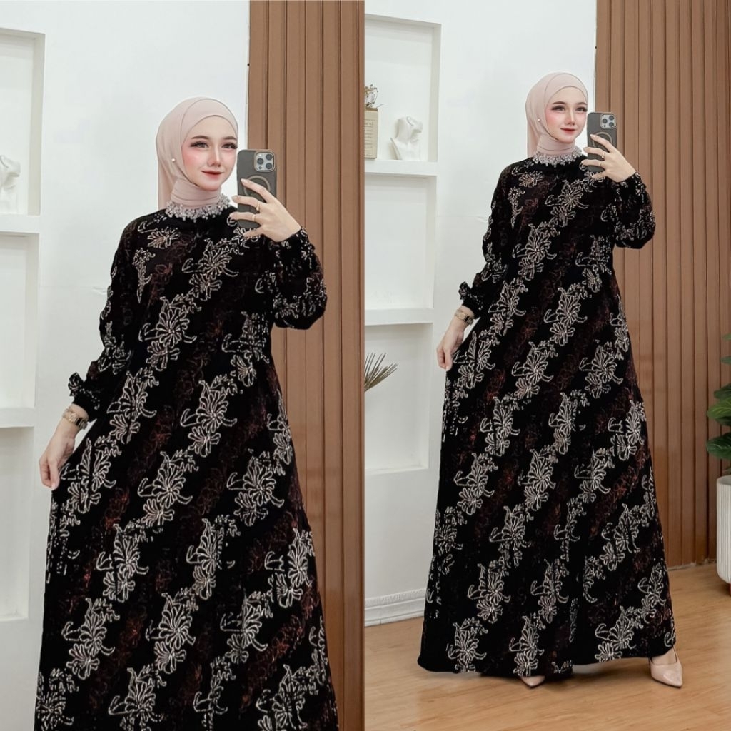 Gamis muslim batik cap model ruffle lengan panjang gaun muslim batik cap premium dress rayon muslim 
