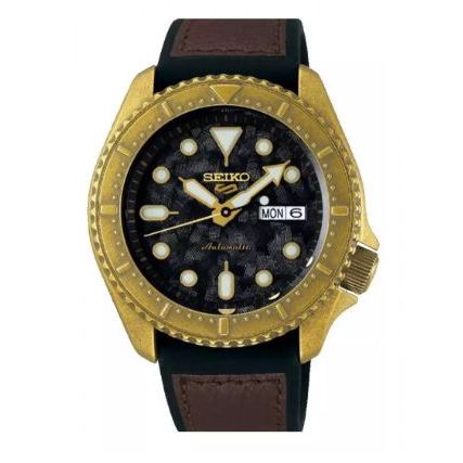 Jam Tangan Pria Seiko 5 Sports SRPE80 SRPE80K1 Strap Brown Polyurethane Black Dial Brown Original Ga
