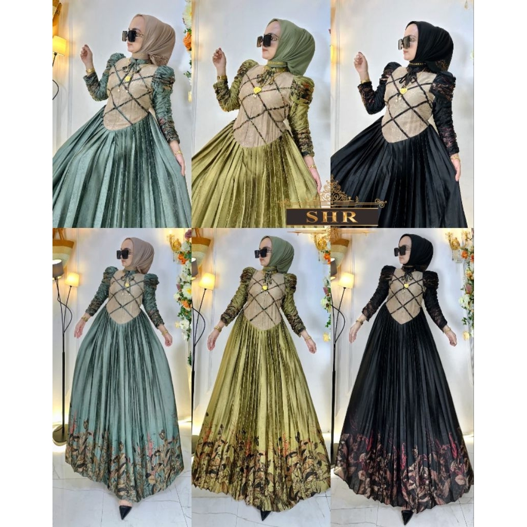 BY SHR ORI NEW READY MAXI DRESS RATU SWAROSKY SATIN LENGAN KERUT BY SHR ORI