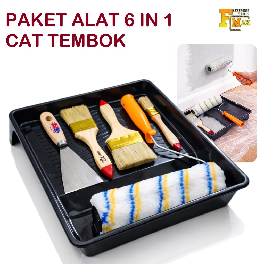 Paket Alat Cat Tembok 6in1 Bak Cat Kuas Roll Kuas Cat 1in 2in 3in Kape Scraper 2inch 3inch