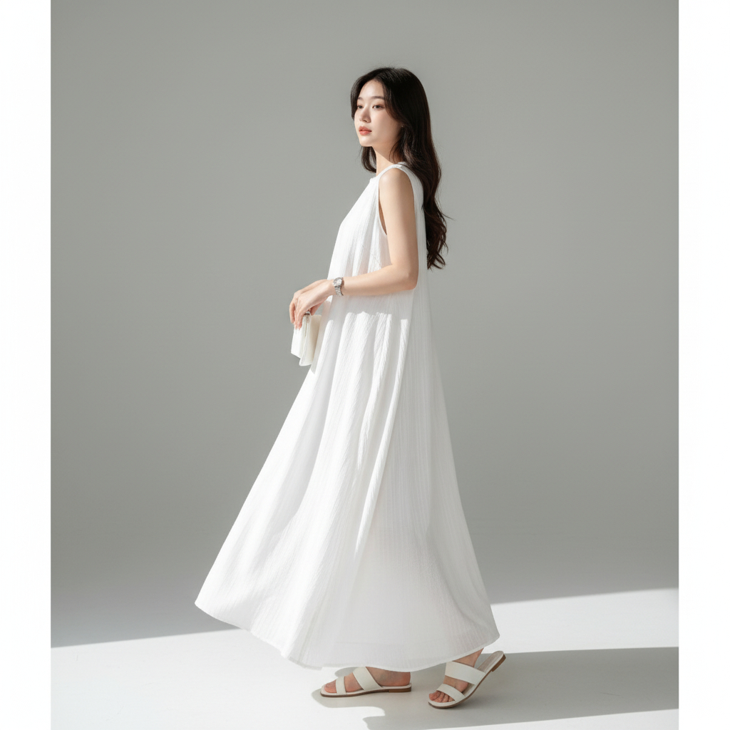Dress Putih Panjang Wanita – Korean Look Tanpa Lengan | Aveline Pure by Luvee