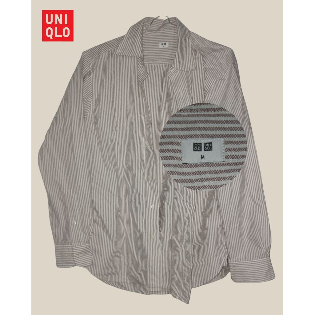 Uniqlo U Cotton Oxford Long Sleeve Shirt M — Brown Grey White Stripe