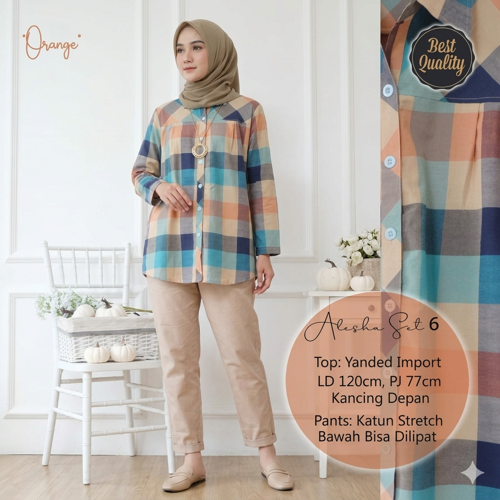 Alesha Set 9 Setelan Kemeja Yanded Import LD 120cm Big Size - One Set Wanita Hijab Casual Kemeja Kot