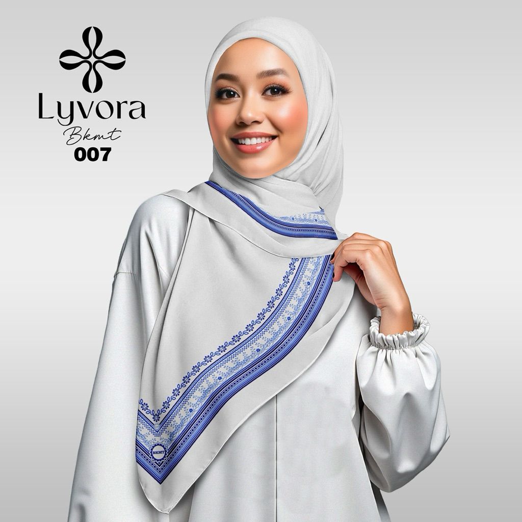 Jilbab BKMT - 007 Putih - Hijab Voal Premium Lyvora - Segi Empat Adem, Laser Cut, Zipper Bag