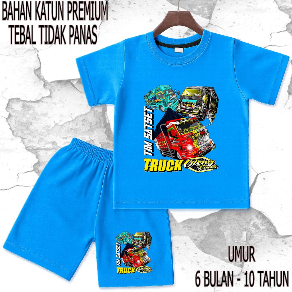 setelan baju anak - anak mobil truck oleng 5 umur/tahun 6 bulan - 10 tahun bahan katun premium sablo