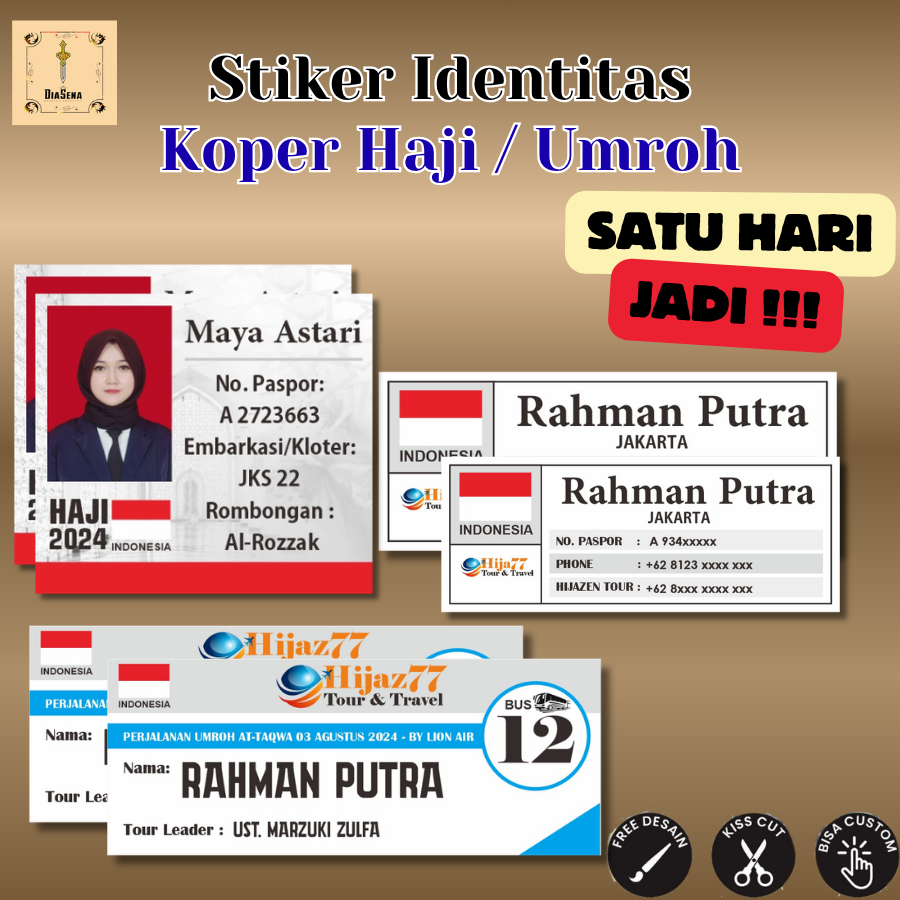 Cetak Print Sticker Identitas Koper Haji Umroh Tidak PO Bisa Pakai Foto & Nama Bahan Vinyl Anti Air