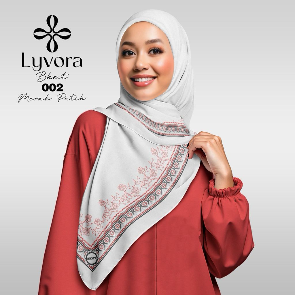 Jilbab BKMT - 012 Merah Putih - Hijab Voal Premium Lyvora – Segi Empat Adem, Laser Cut, Zipper Bag