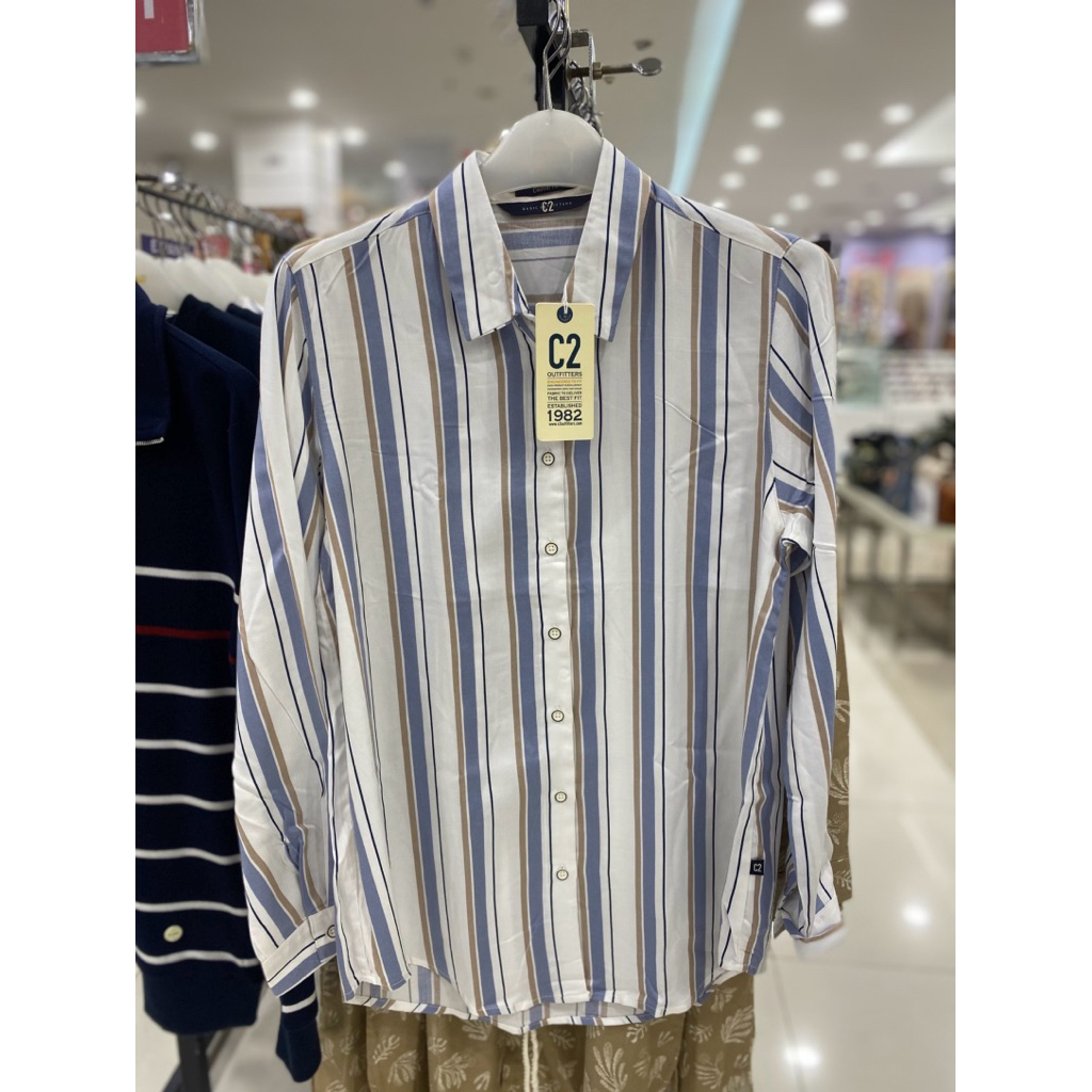 kemeja garis wanita brand c2 promo