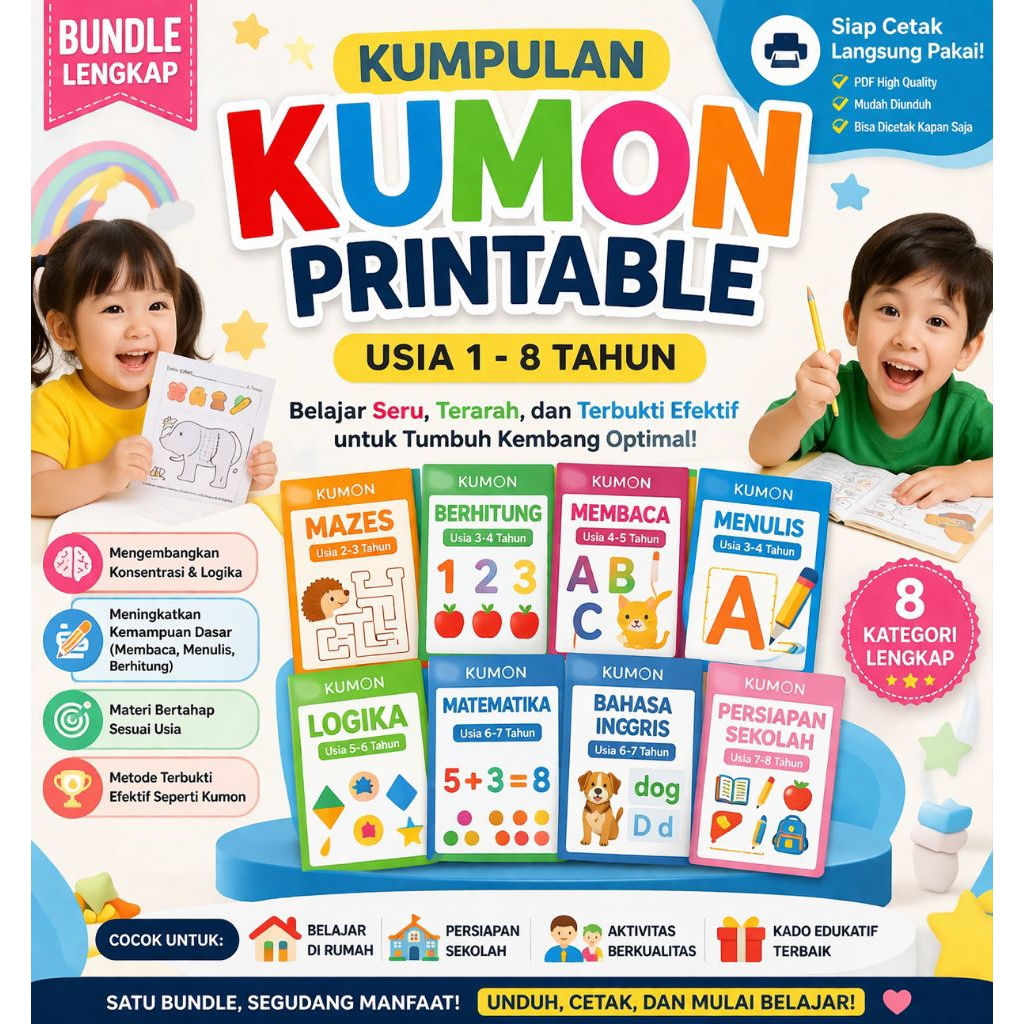 Kumpulan Kumon Printable Anak Usia 2-8 Tahun | Worksheet PDF Edukasi Lengkap | Belajar Membaca, Menu